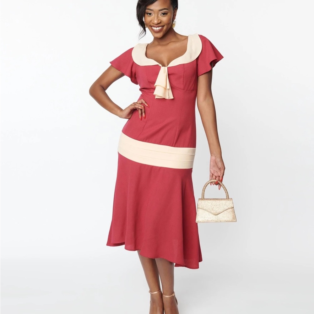 Unique Vintage Dusty Rose and Cream Midi Dress